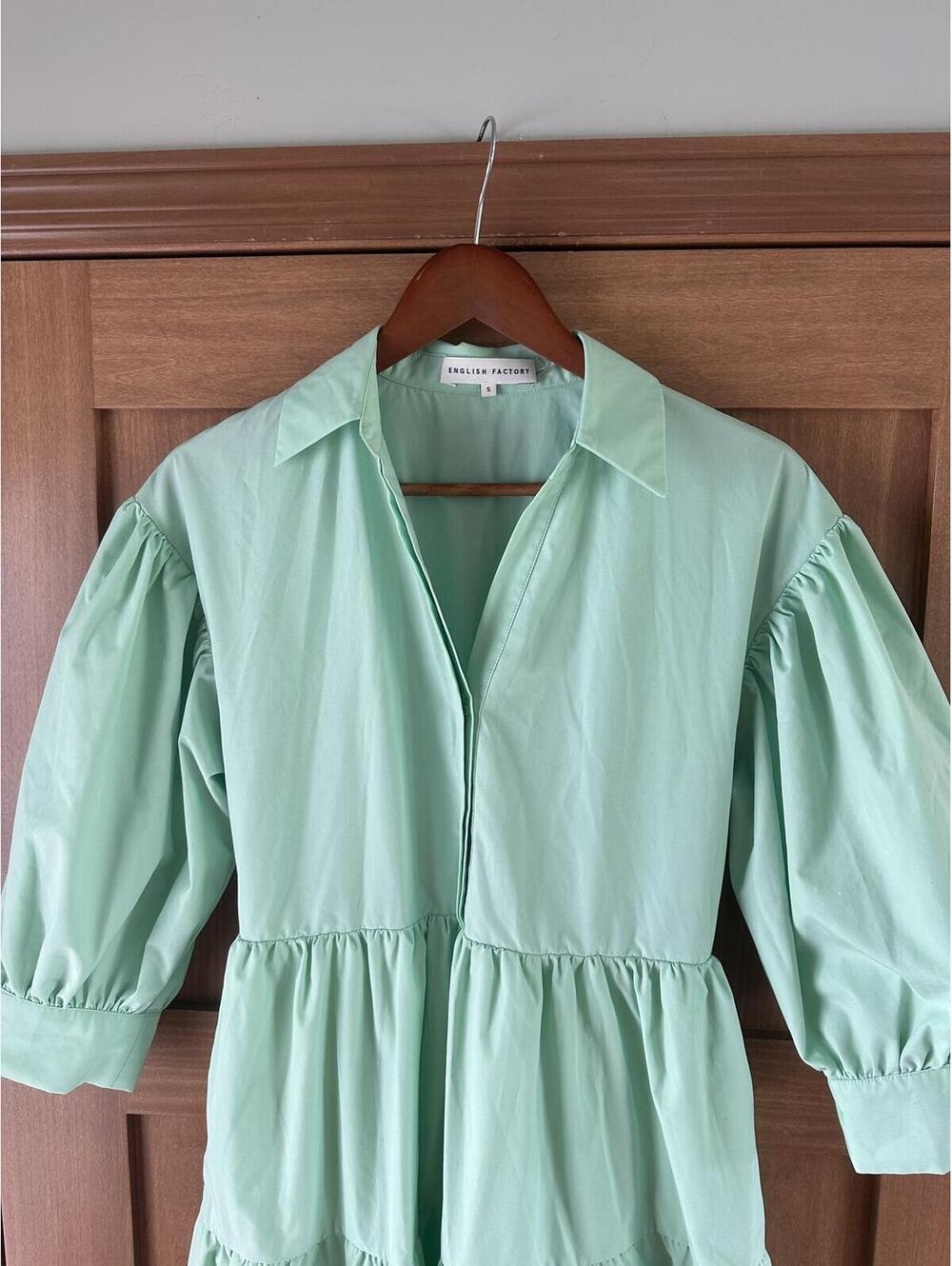 English Factory Balloon Sleeve A-line Tiered Midi Shirt Dress Mint Women’s Small - Picture 3 of 15